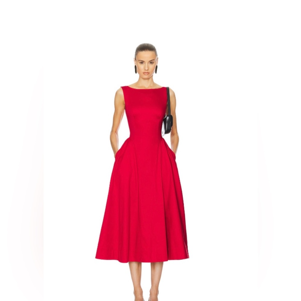 Helsa Red Stretch Cotton Sateen Midi Dress Size Medium NWOT - Picture 5 of 9